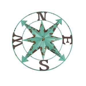 24 Inch Distressed Turquoise Metal Compass Rose Nautical Wall Decor Hanging Art